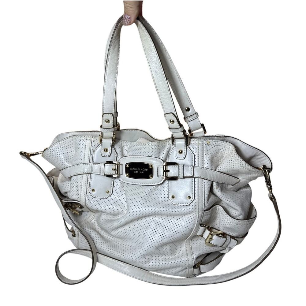 Michael Kors Gansevoort Large Tote Bag in White Perforated Leather